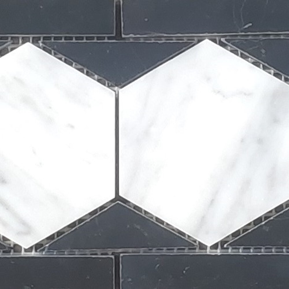 C33B2XH Carrara White Marble 3 Hexagon Listello Mosaic Border Tile Black Honed