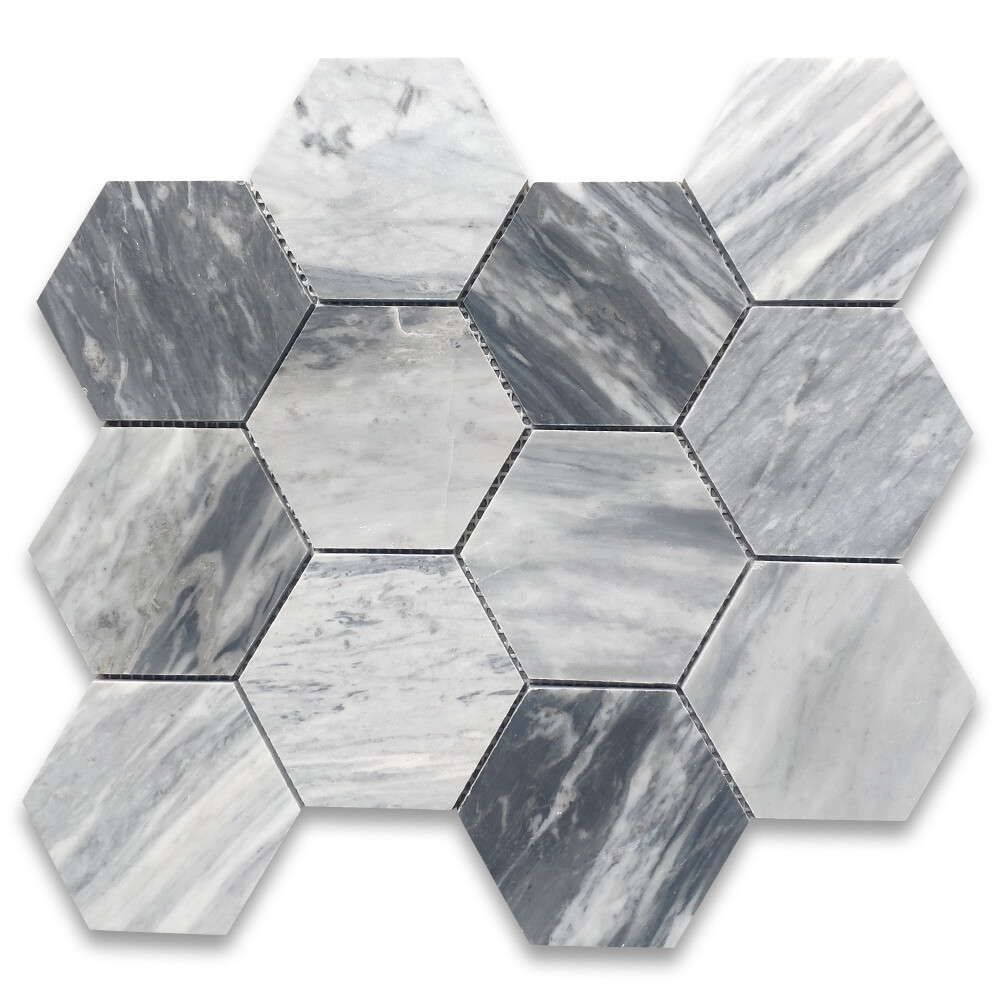 K34XP Bardiglio Gray Dark Grey Marble 4″ Hexagon Mosaic Tile Polished