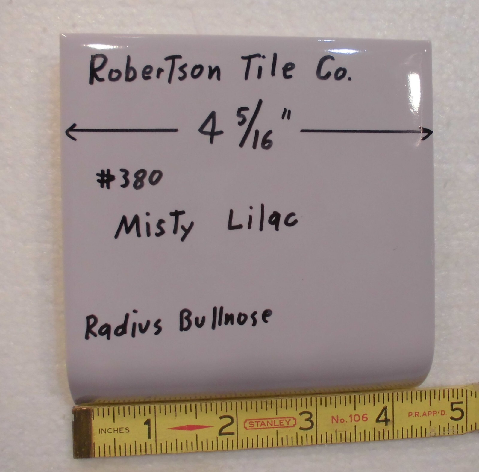 1 pc. Radius Bullnose; Misty Lilac: Glossy Ceramic Tile by Robertson 4-5/16″