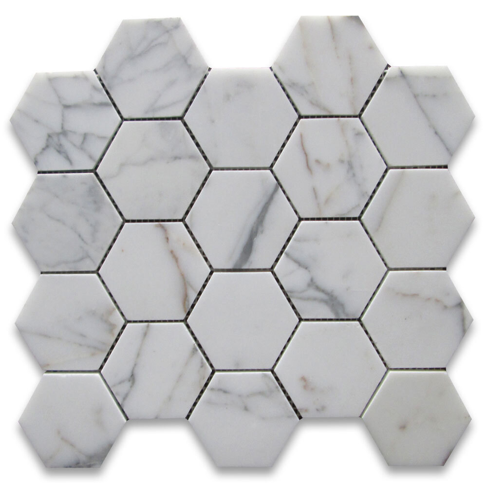 L33XH Statuary White Marble 3 inch Hexagon Mosaic Tile Honed