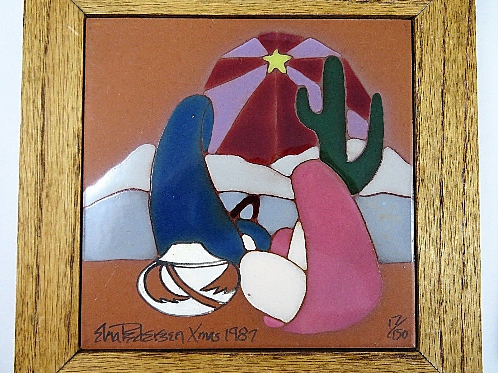 Pair Southwest Christmas Holy Family Oak Framed Clay Tile Wall Hangings Signed