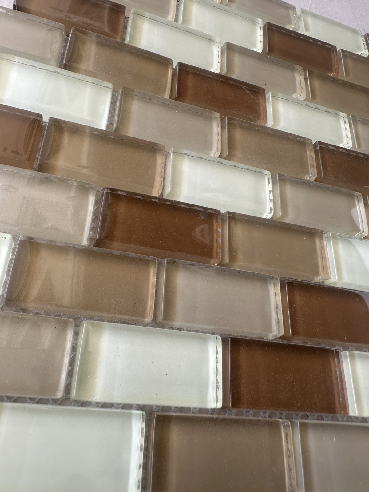 Light Beige 1×2 inch Mix Glossy Glass Mosaic Offset Mesh Mounted