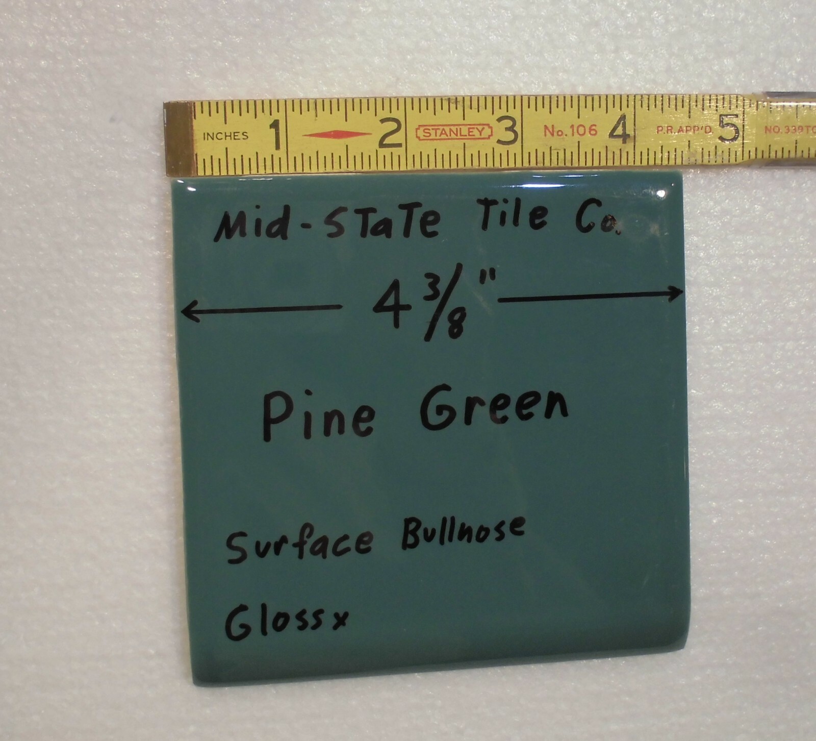1 pc. *Pine Green* Bullnose Ceramic Tile 4-3/8″ by Mid-State Co. Glossy NEW