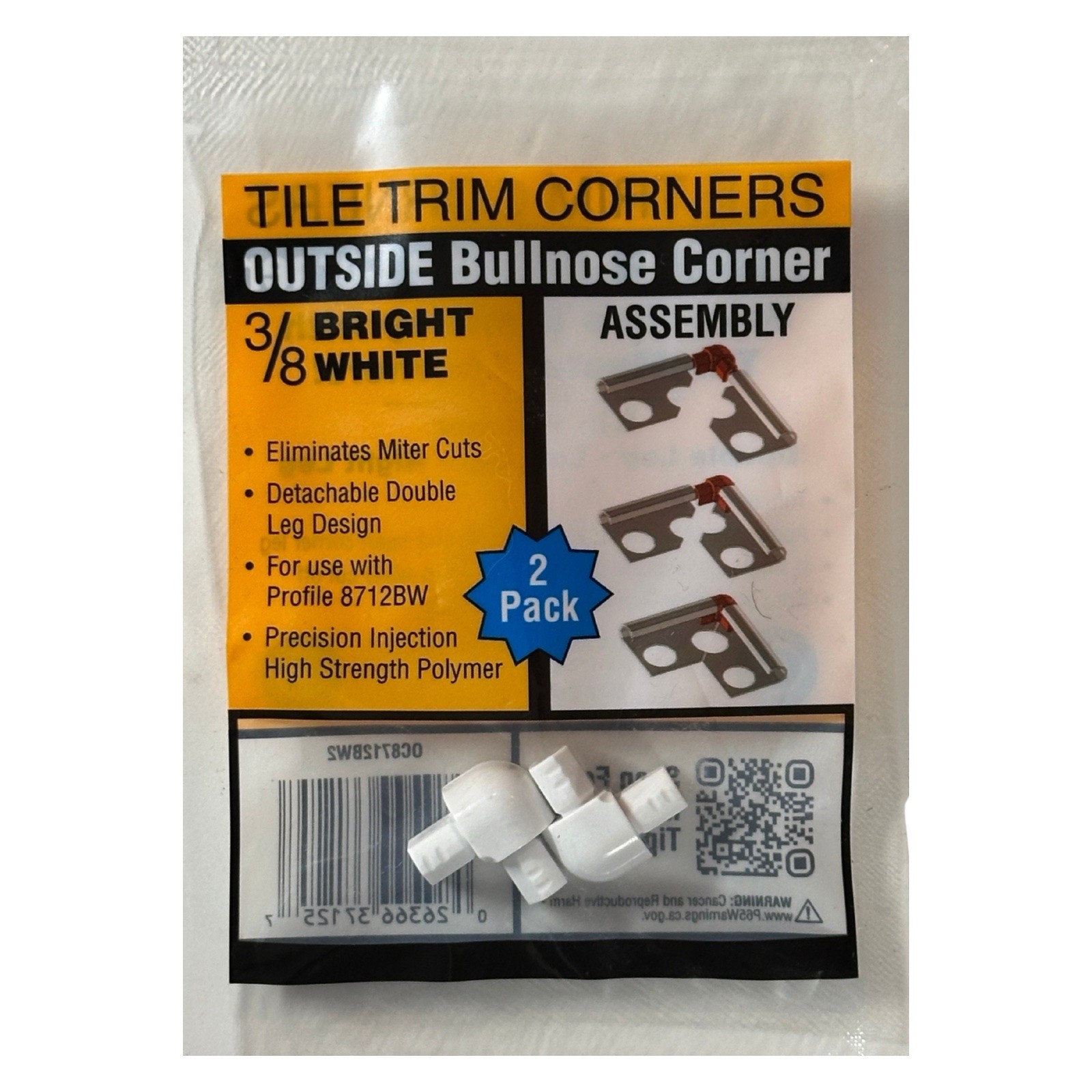 2 Pack TrimMaster Bullnose Outside Corner Tile Edging Trim White 3/8″
