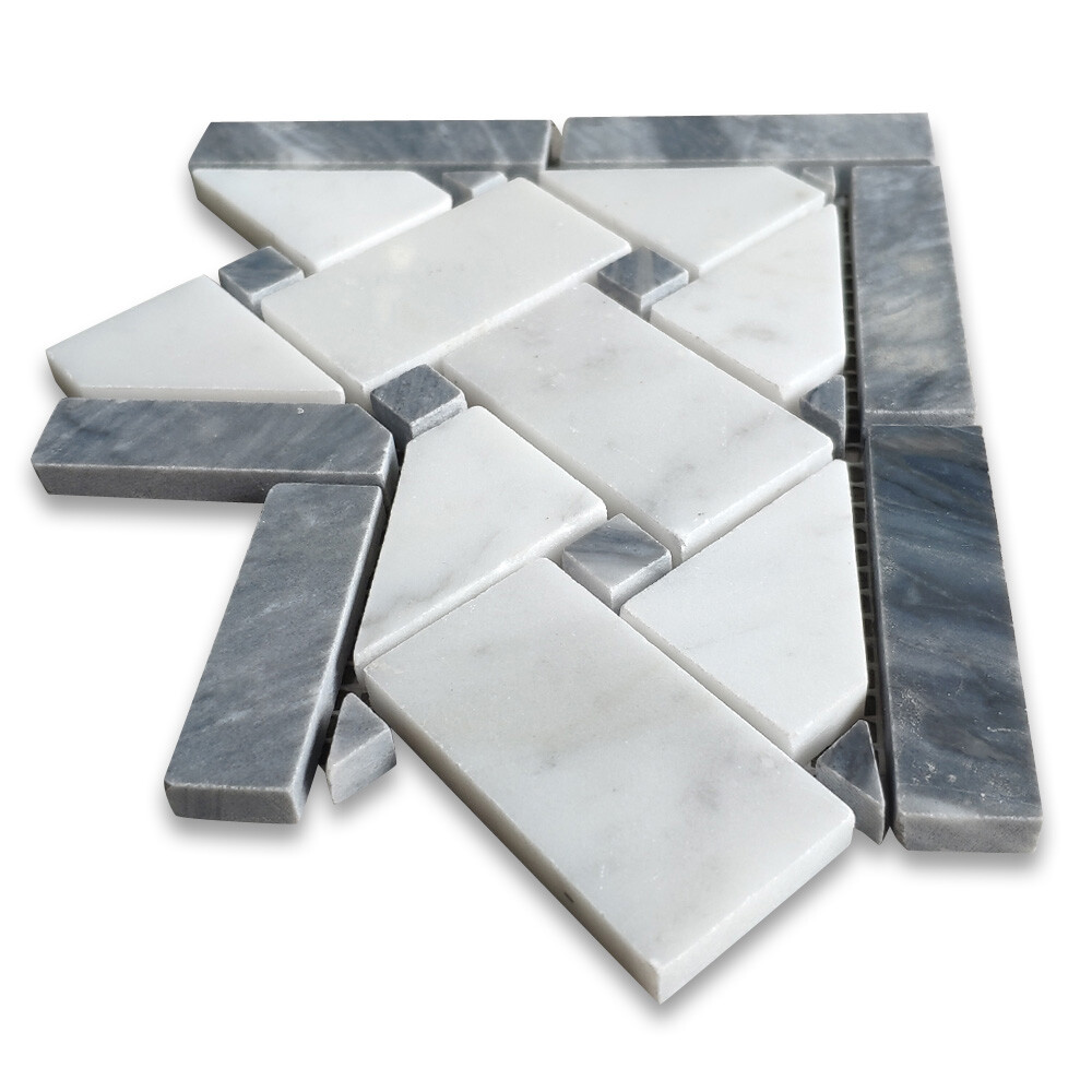 C657CXP Basketweave Mosaic Corner Carrara White Marble Dark Gray Dots Polished