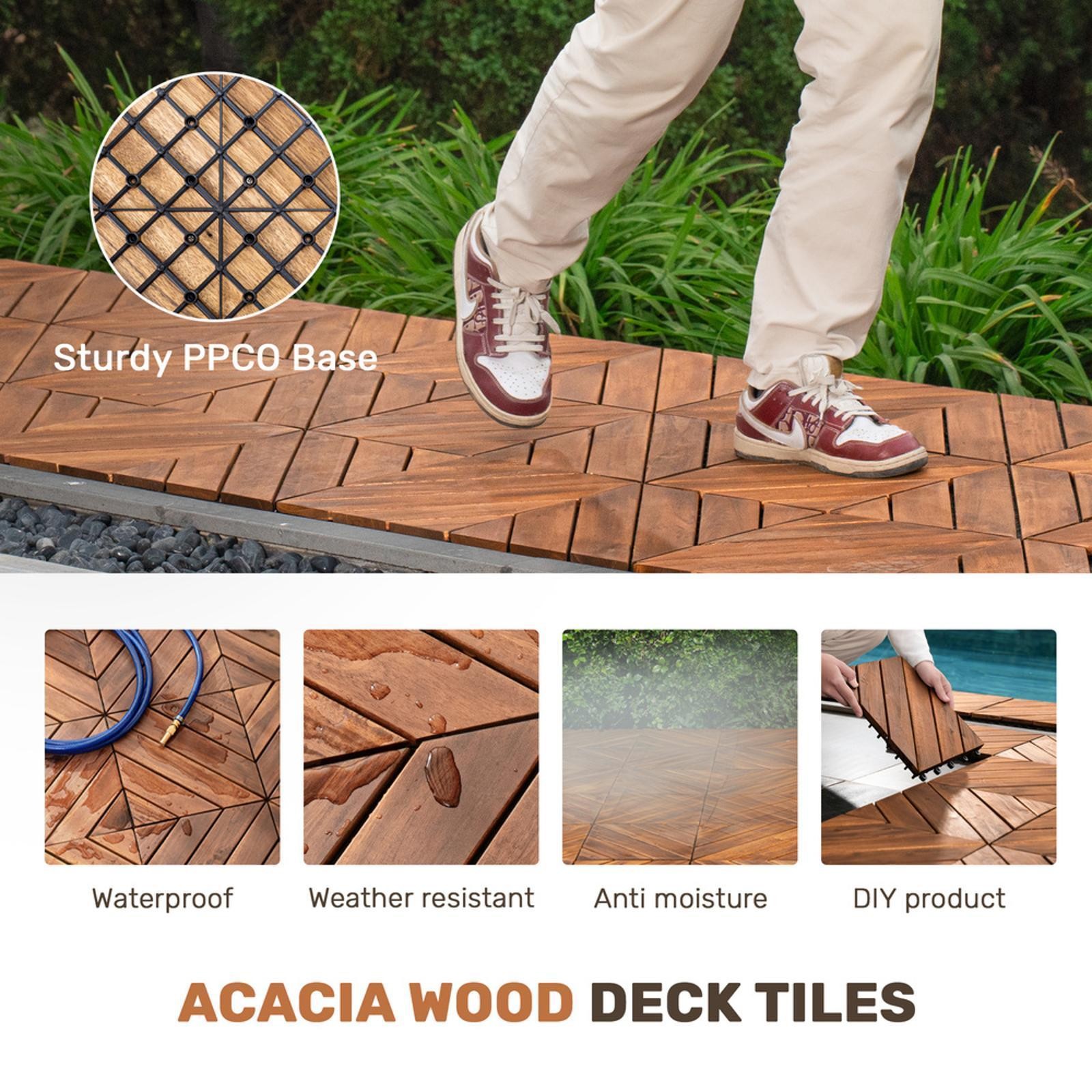 Acacia Deck Tiles Set, 27PCS 12×12, Interlocking Waterproof Flooring for Patio,
