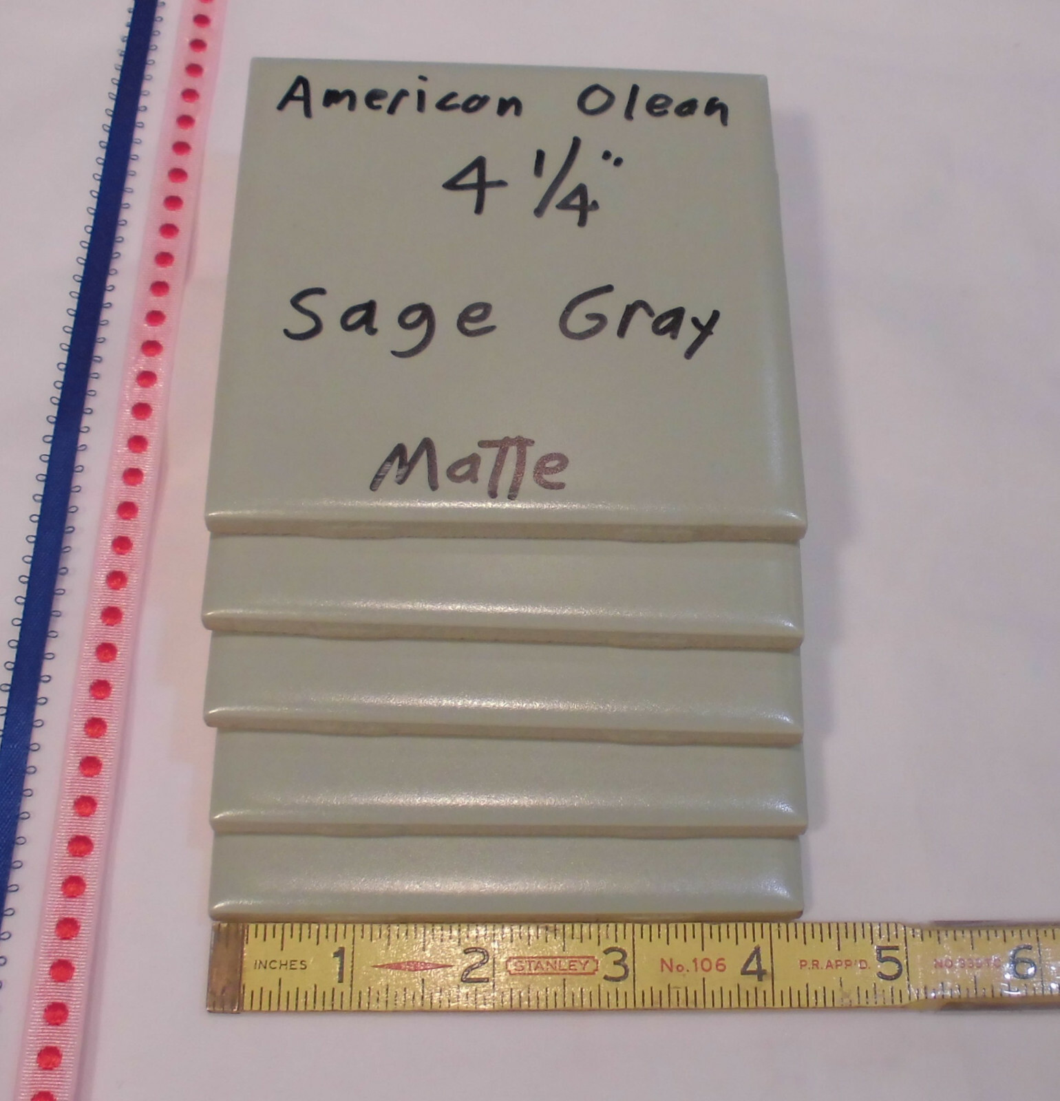5 Ceramic Tiles *Sage Gray* by American Olean 4-1/4″ Greenest, Matte, NOS