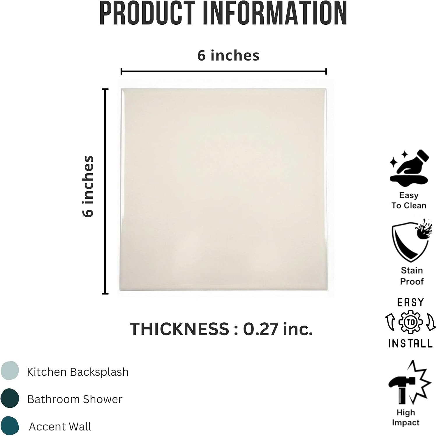 6×6 Glossy Ceramic Wall Tile for Bathroom and Kitchen Backsplash Easy to Clean