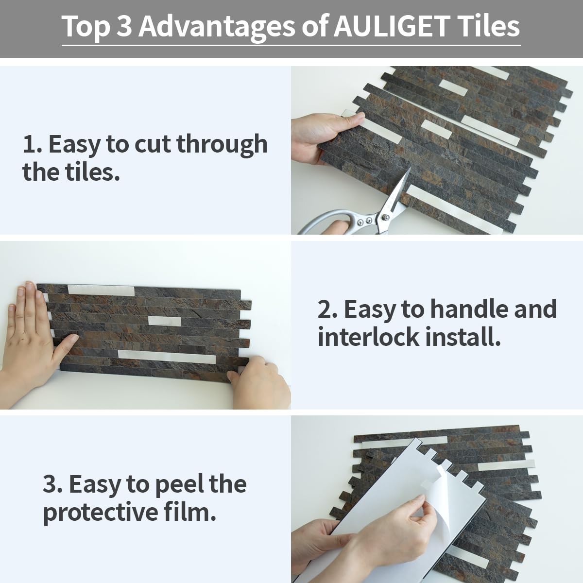 AULIGET 20 Sheets Rust Slate Peel and Stick Backsplash, PVC Mixed Metal Silve…