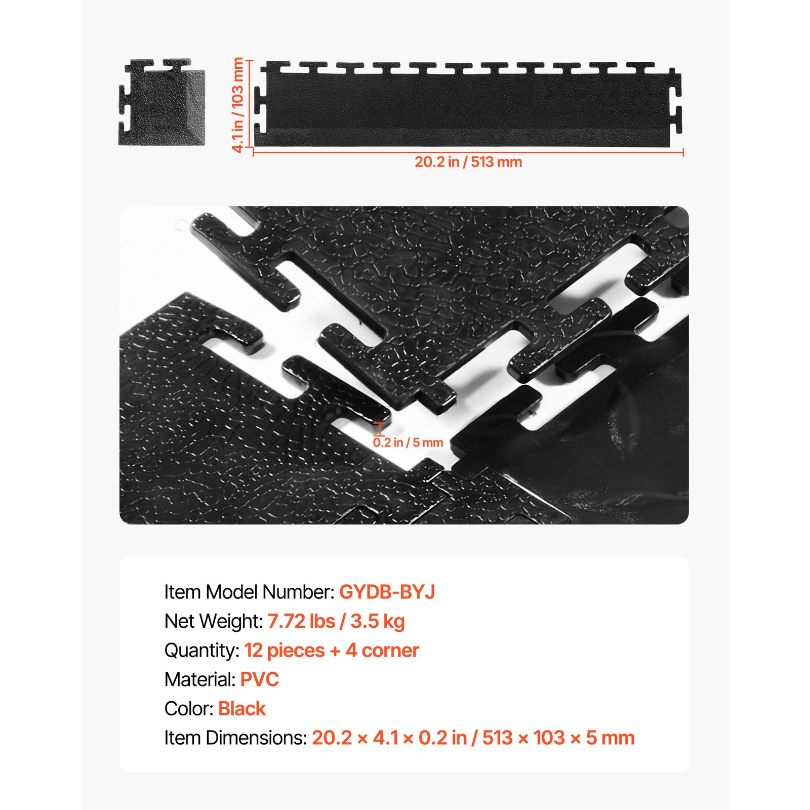 Uimoso Male Garage Floor Edge Kit with 12 Edges and 4 Corners, Black PVC