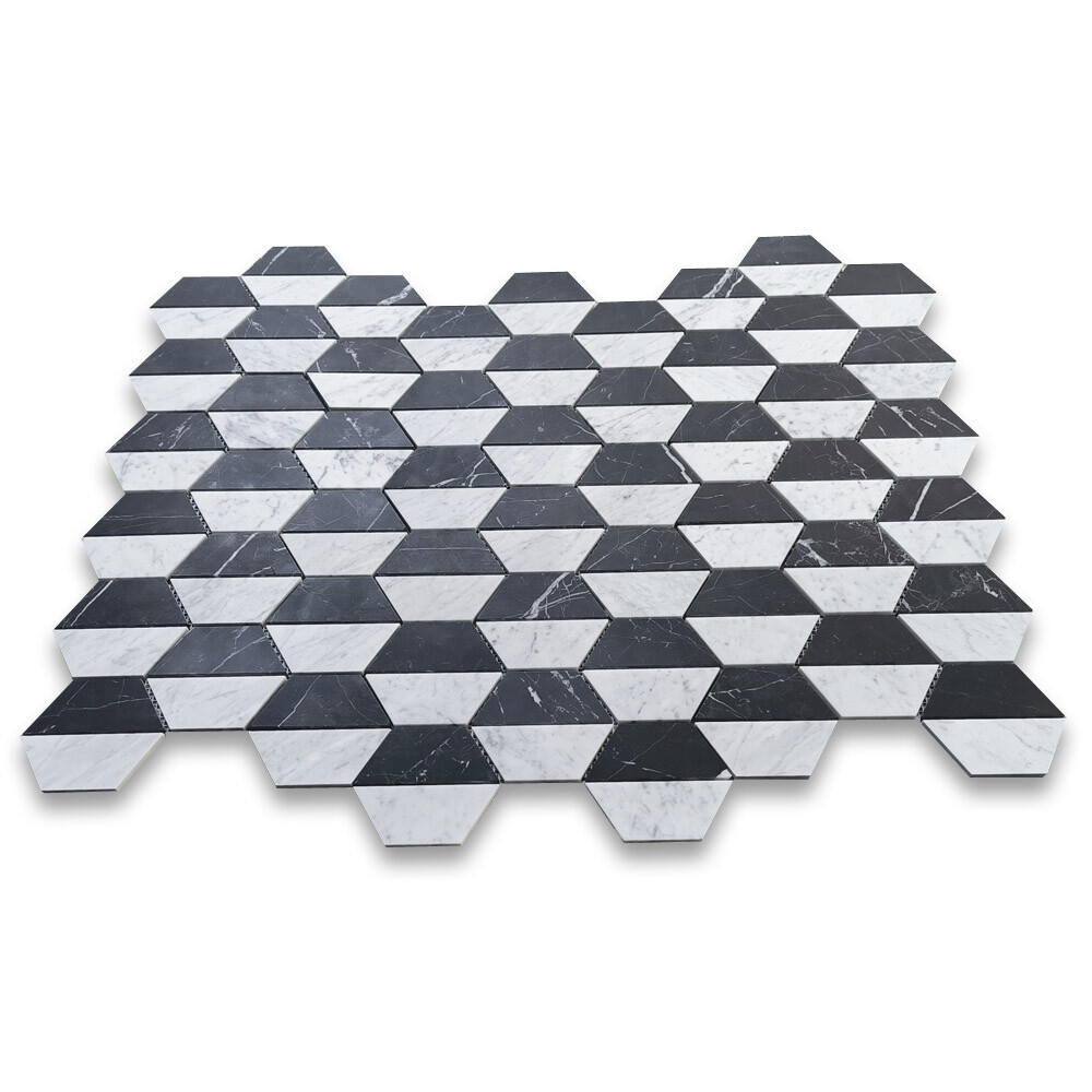 C35T1XH Carrara White Marble Trapezoid Split Hexagon Mosaic Tile Black Honed