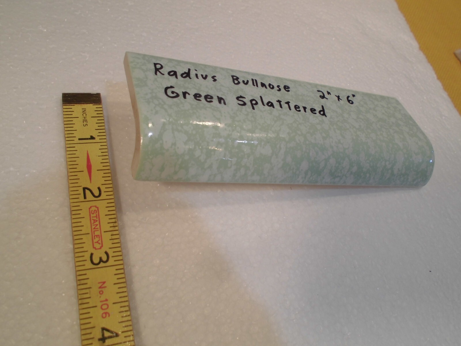 1 pc. “Pale Green Splattered” Ceramic Tile: 2″ X 6″ Glossy Radius Bullnose: NOS