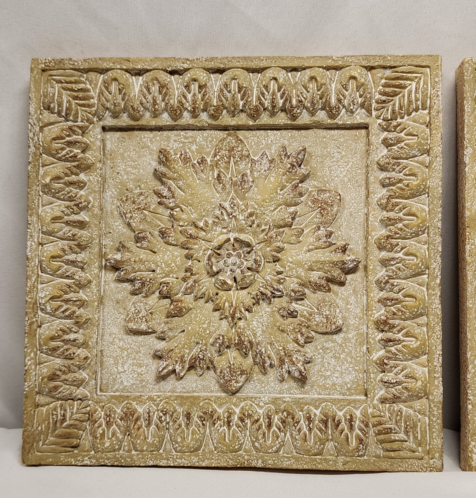 Set of 2 Beige/Brown Embossed Floral Relief Ceramic Wall Decor 8×8