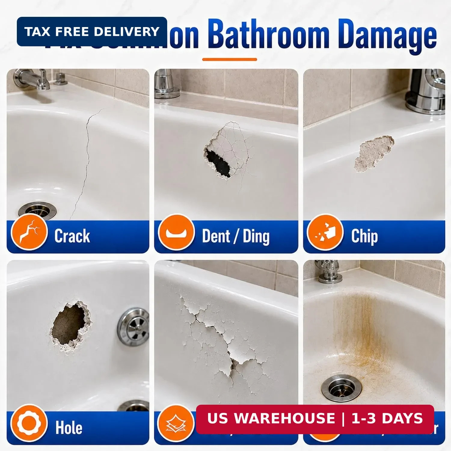 Tub Repair Kit White, Bathtub Repair Kit for Enamel, Fiberglass, Acrylic | For C