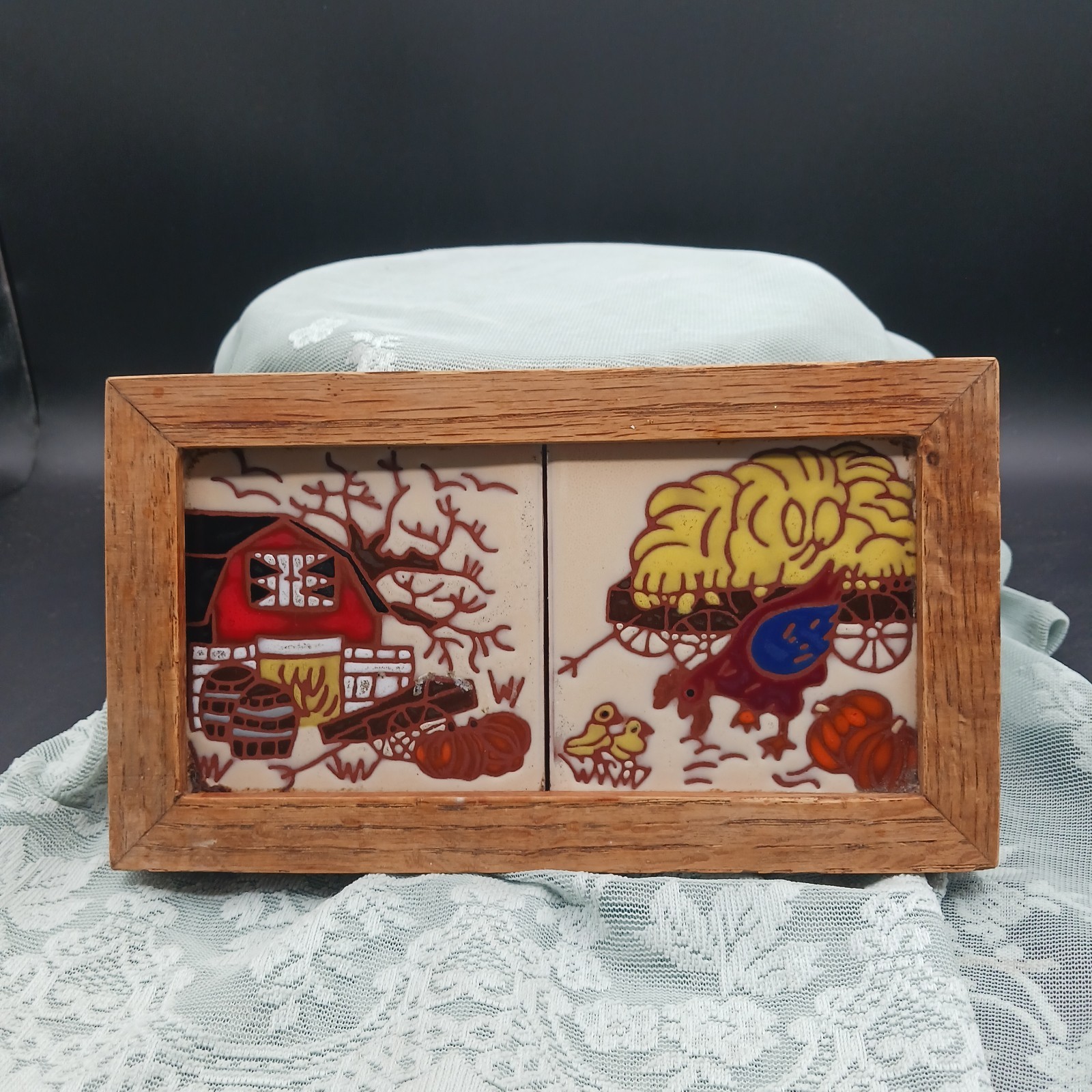 VTG Ceramic Tile Framed Wall art Barn Hen Chicks Pumpkin Trivet Country Farmcore