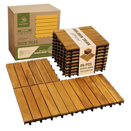 Premium Acacia Wood Interlocking Deck Tiles, 9 PCS Golden Teak – Striped