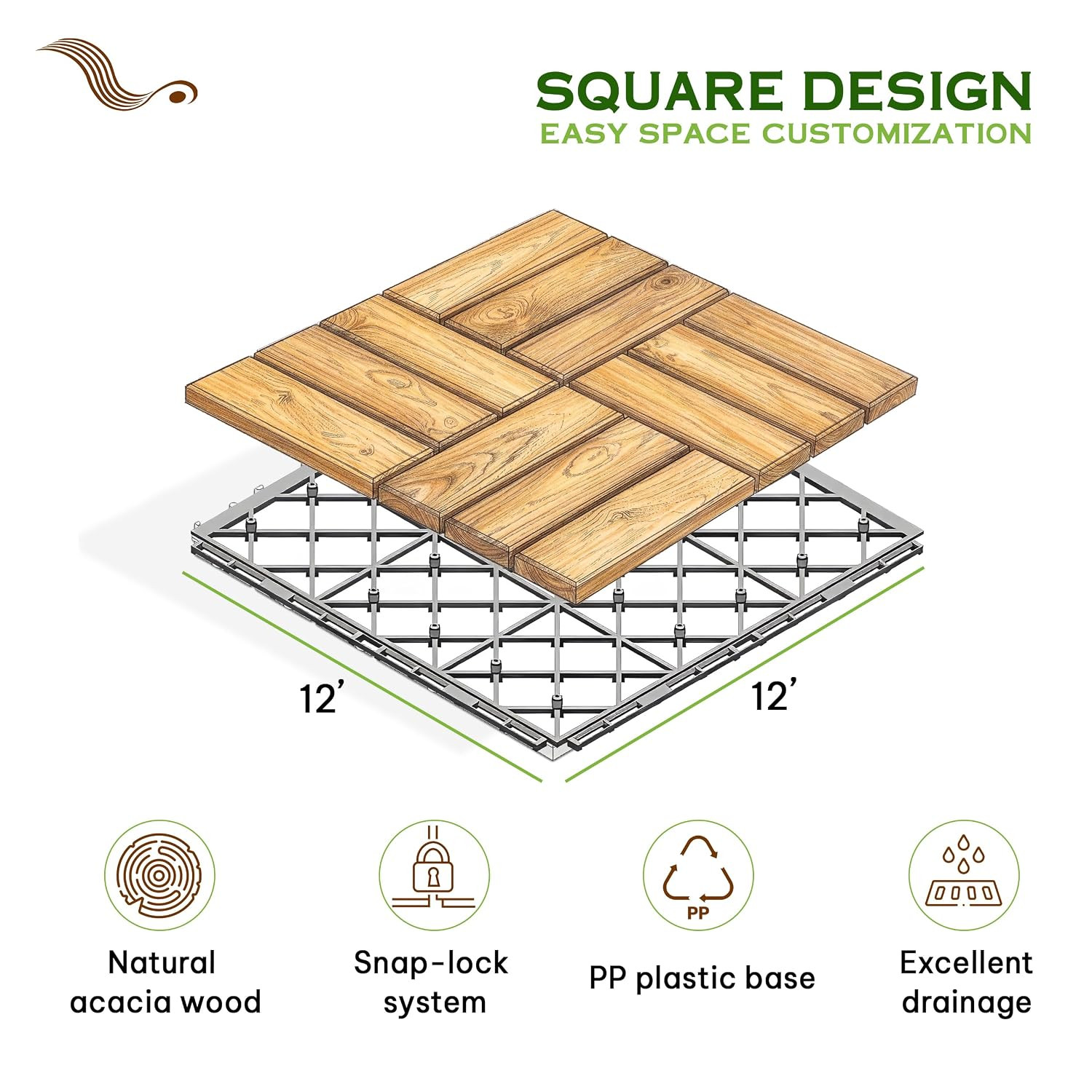 Natural Acacia 12X12 Interlocking Wood Deck Tiles for Balcony, Garden, Patio, Po