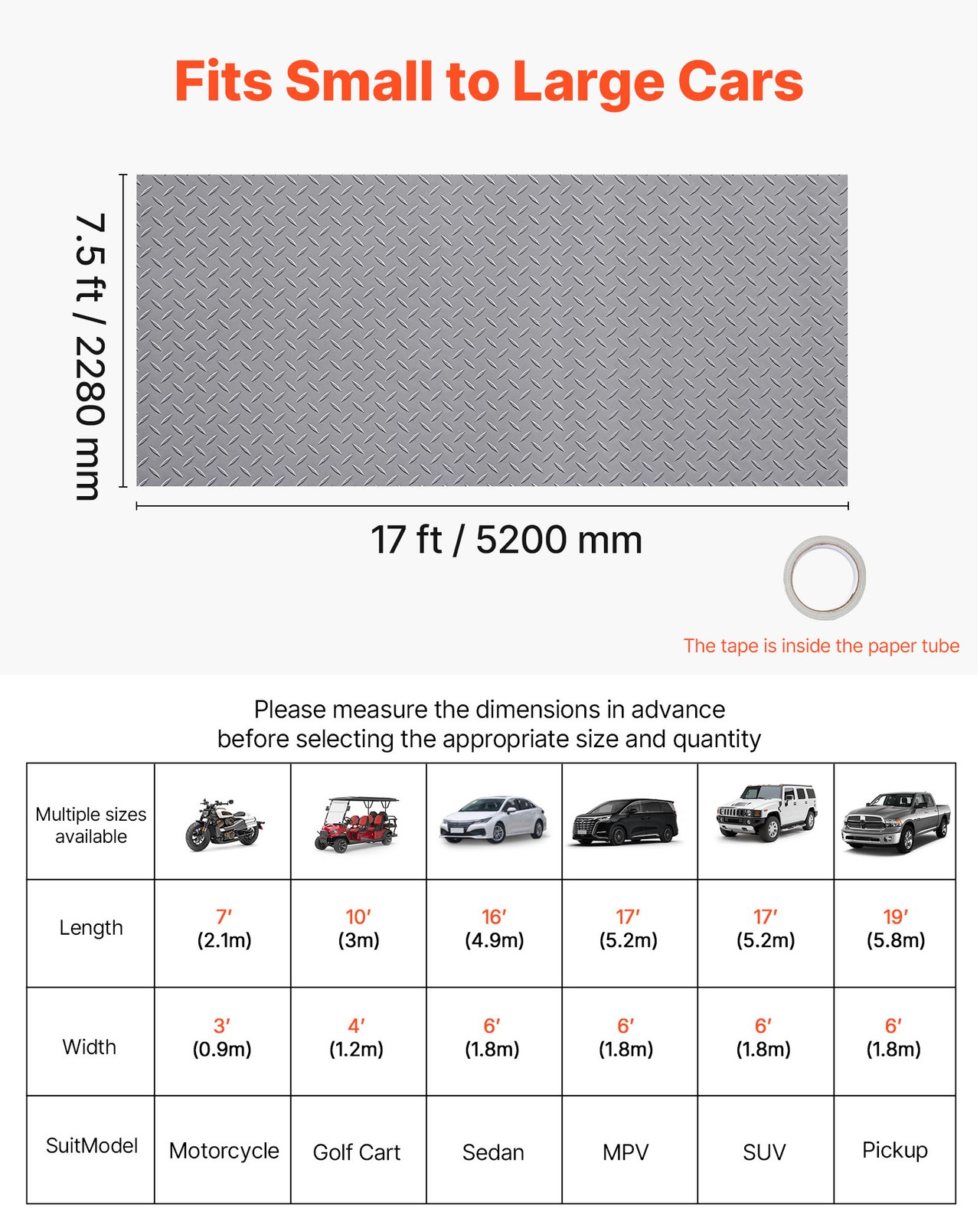 VEVOR Garage Floor Roll 7.5×17 ft PVC Diamond Mat Non-Slip Silver Gray