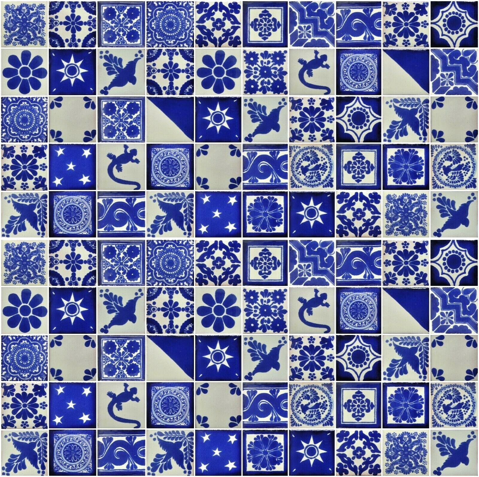 100 MEXICAN TALAVERA TILE 2×2″ VARIOUS BLUE & WHITE DESIGNS HANDPAINTED