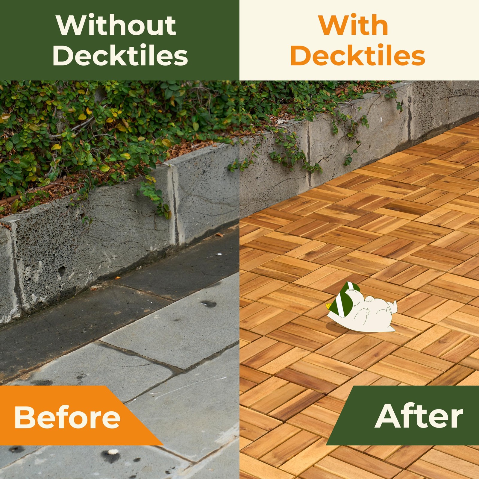 Premium Solid Wood Interlocking Deck Tiles, 10 PCs 12”x12” Snap Together Pati…