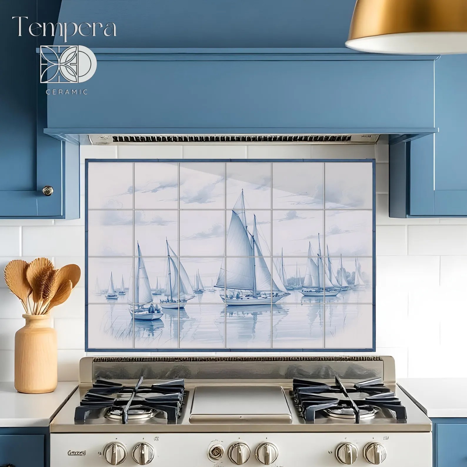 Sailboats scene tiles in delft style, nautical shower or kitchen back tiles