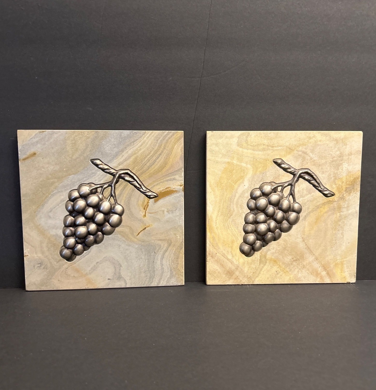 Marble with Inlaid Metal Grapes SET of 2 Designer 8″ x 8” Accent Tiles Tan Lot