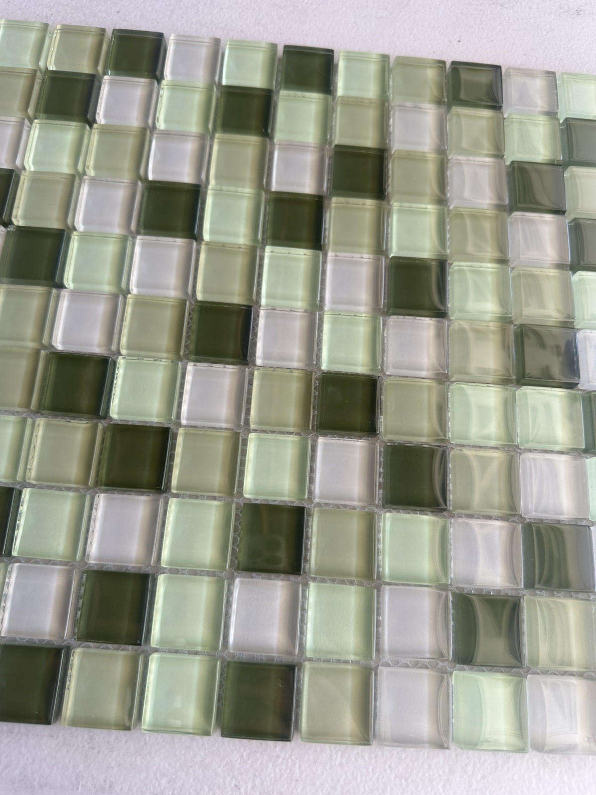 Light green Mix Glossy Glass Mosaic 1″x1″ Stacked Mesh Mounted