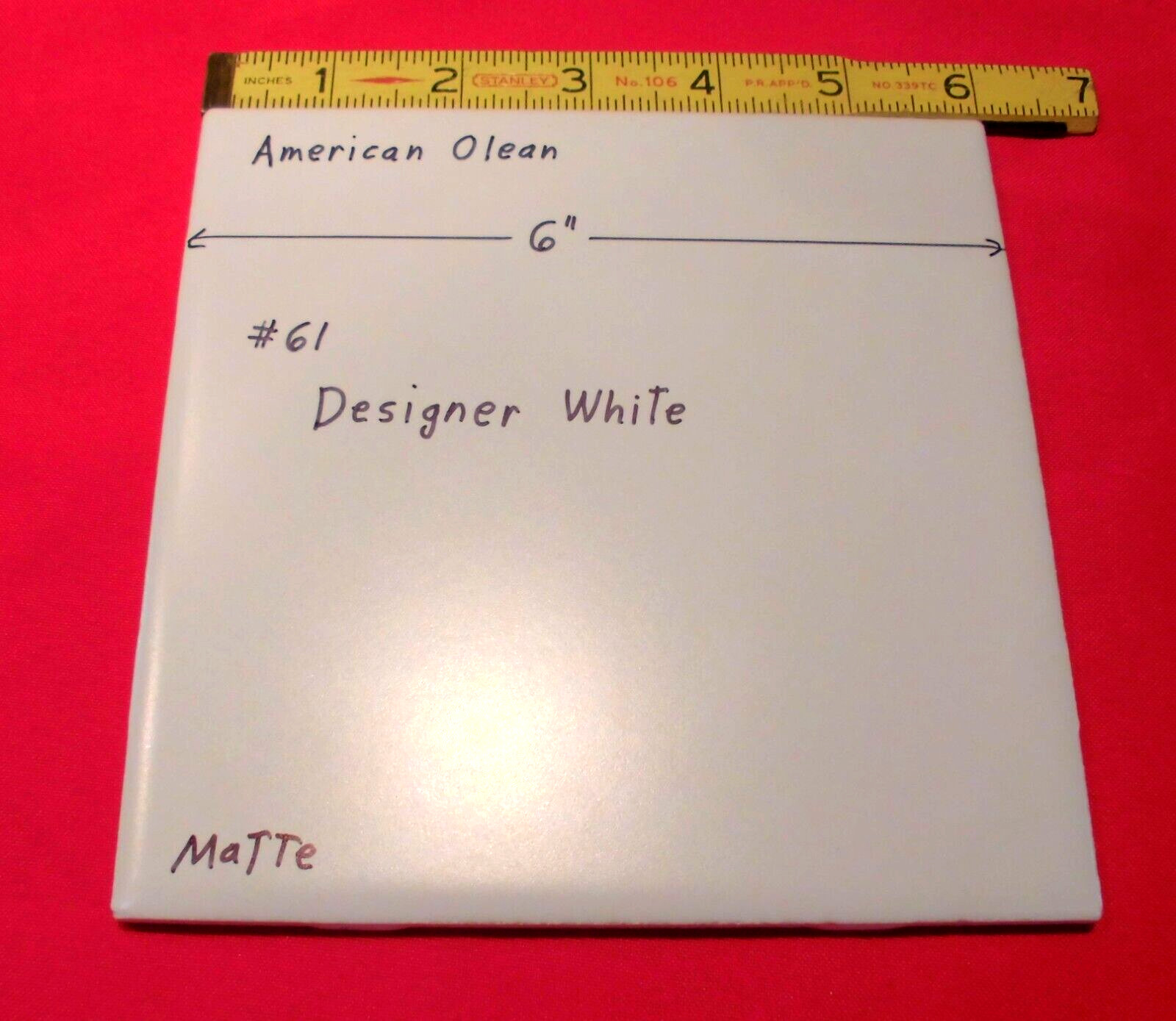 1 pc. *Matte Designer White* #61 by American Olean 6″ X 6″ Ceramic Tile: NEW