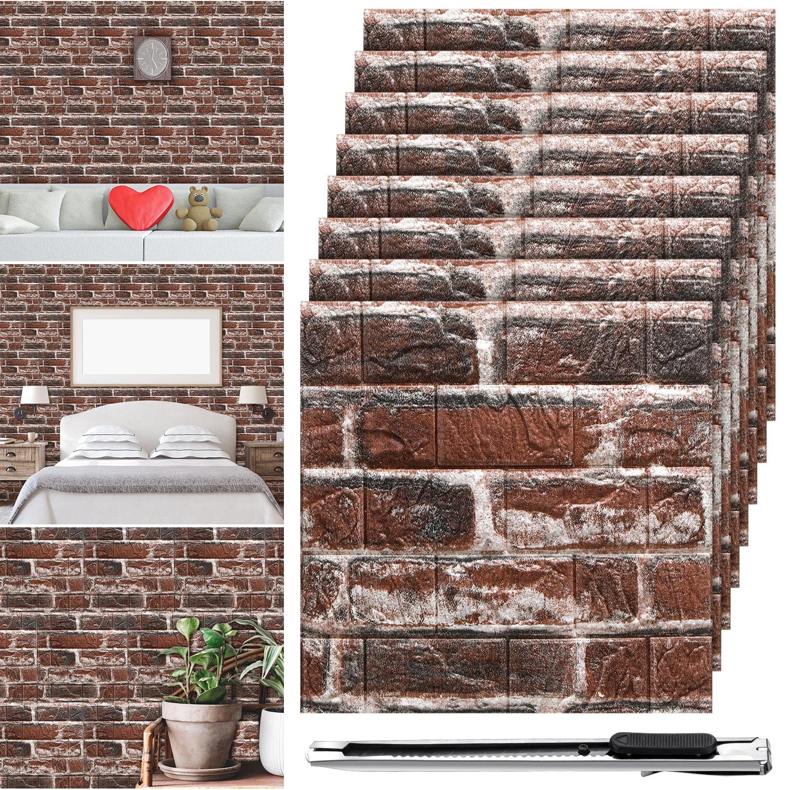 3D Foam Brick Wall Panels Waterproof Peel Stick 30 Pcs 28.8 Sq Ft Red for Living