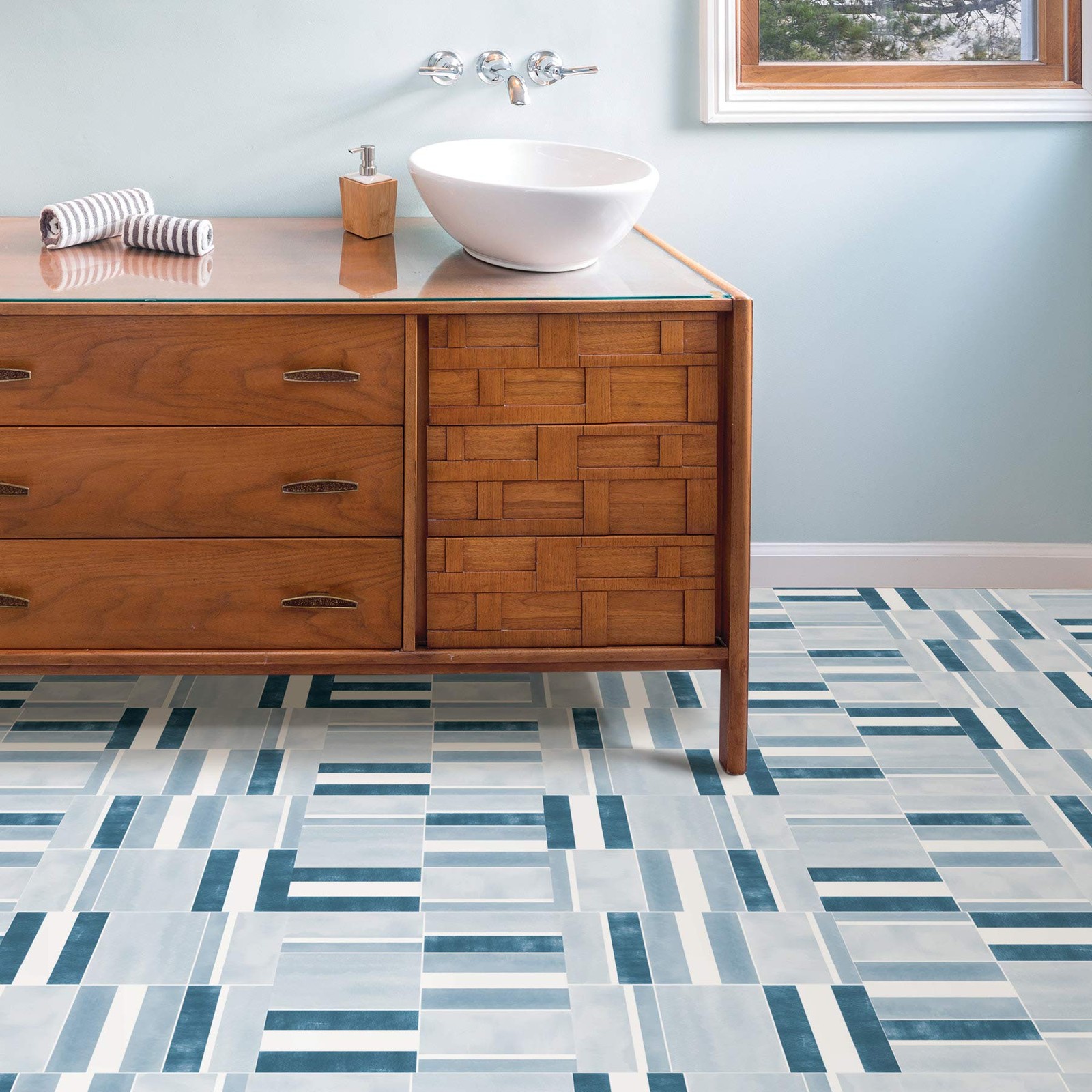 FP3300 Azure Peel Stick Floor Tiles Blue Vinyl Flooring Waterproof Home Decor