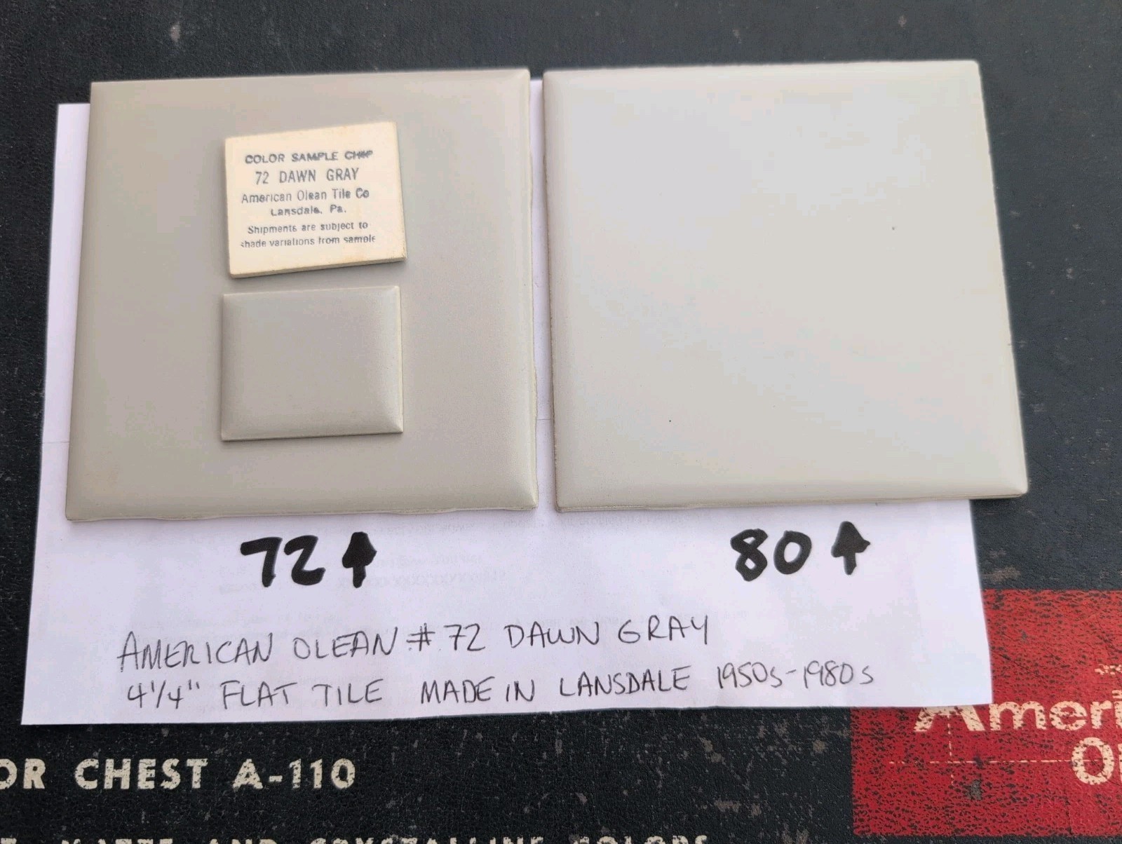 2 pc NOS American Olean Tile 4-1/4″ Dawn Gray #72 Matte Satin 1950s 1960s 1970s