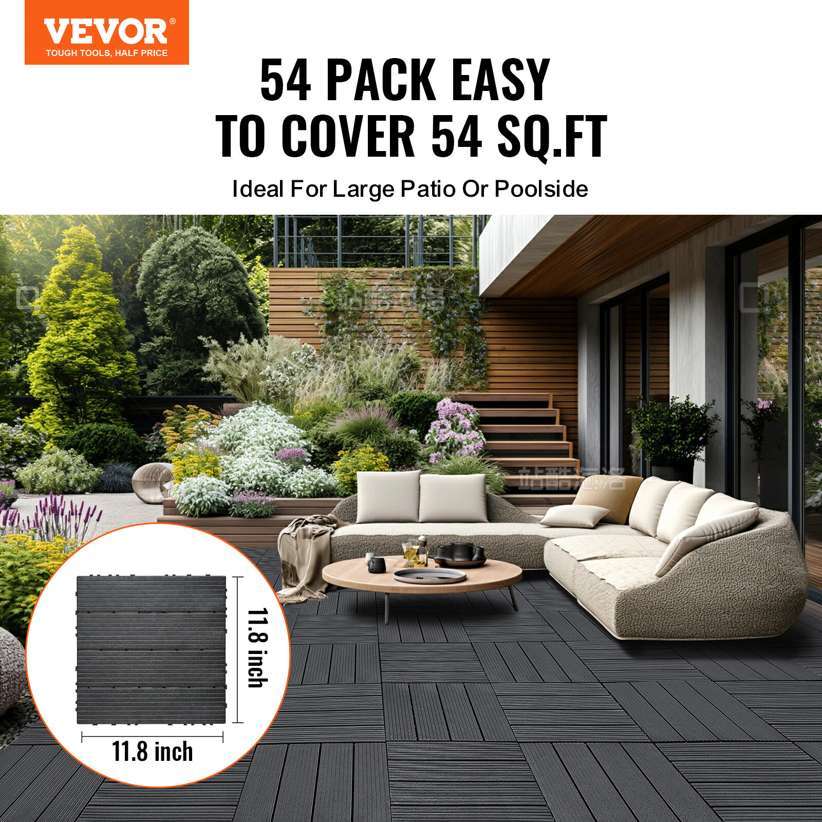 VEVOR Interlocking Deck Tiles 54 Pack 12″x12″ Plastic for Porch Dark Grey