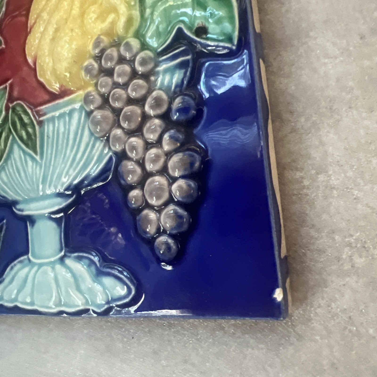 Pair Antique Japanese Danto DK Majolica Relief Tiles Fruit Basket Blue Cobalt 6”
