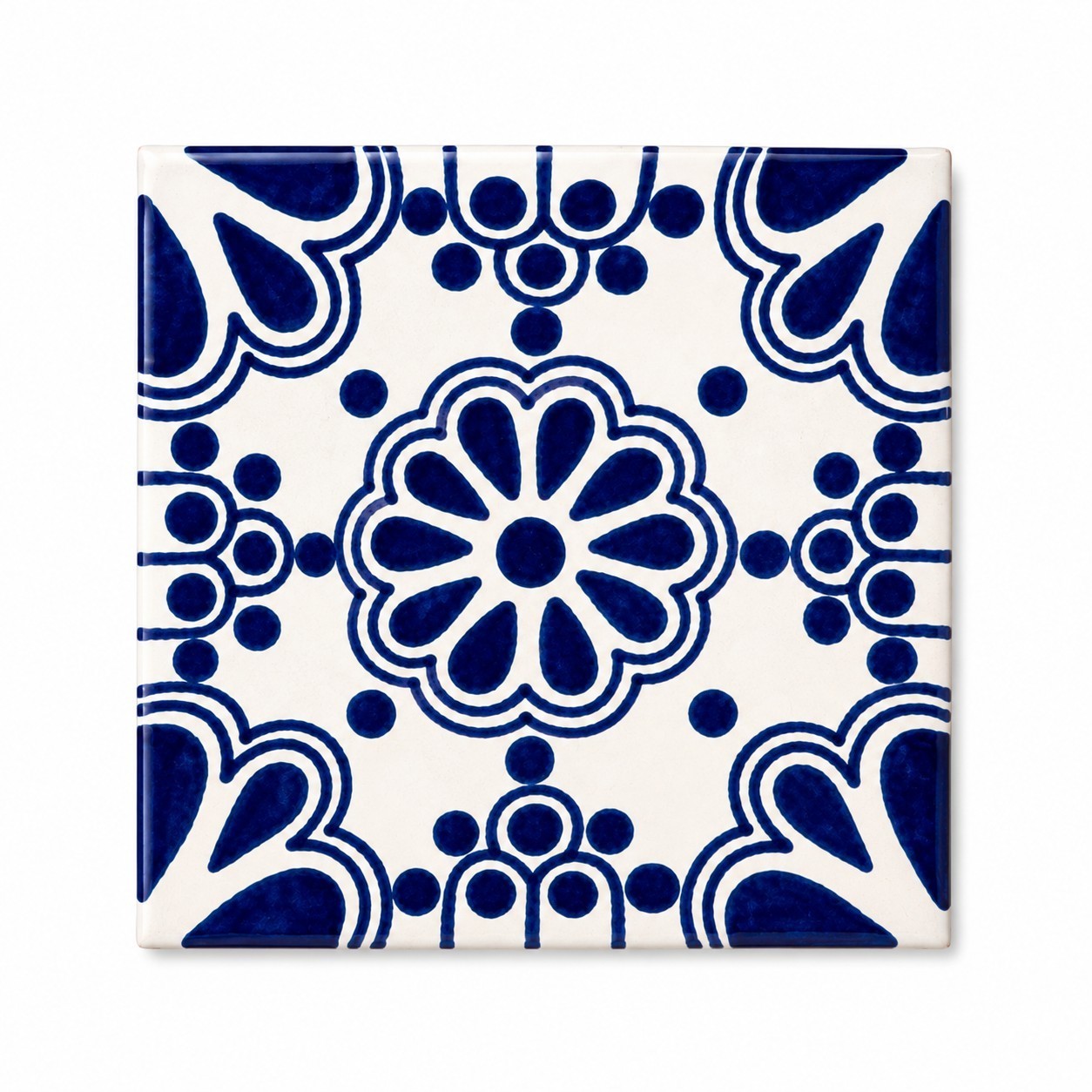 Cobalt Rosette Medallion Talavera Tile 4.25” x 4.25” | Handmade Mexican Tile