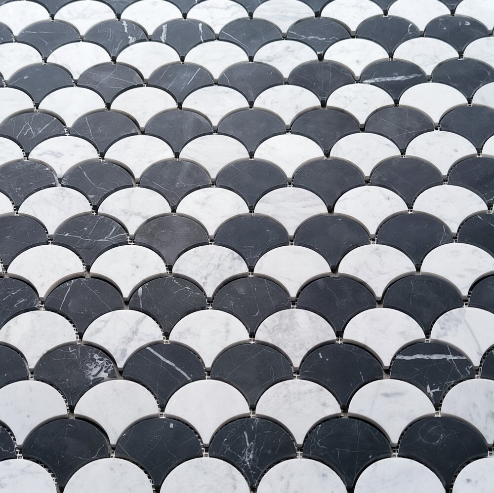 C9931XH Carrara White Nero Marquina Black Marble Fish Scale Fan Mosaic Tile
