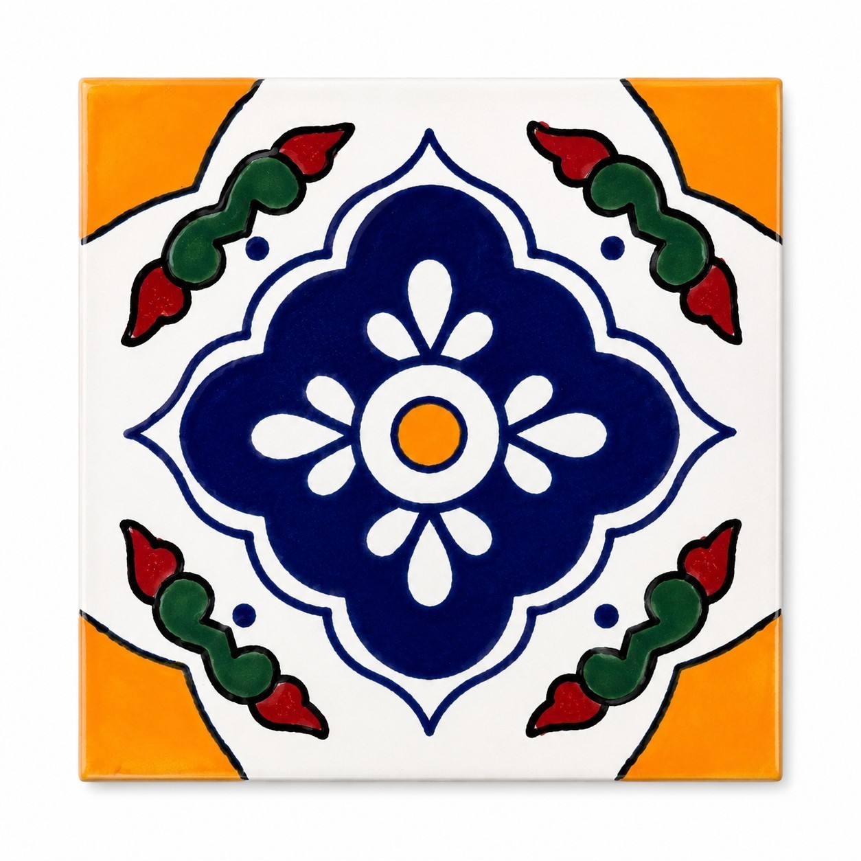 Floral Medallion Quatrefoil Talavera Tile 6” x 6” | Handmade Mexican Tile