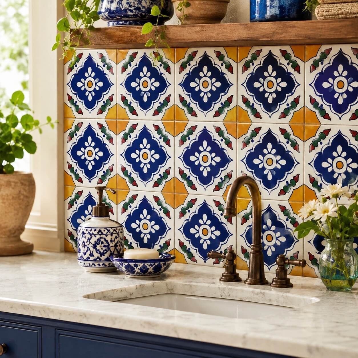 Floral Medallion Quatrefoil Talavera Tile 6” x 6” | Handmade Mexican Tile