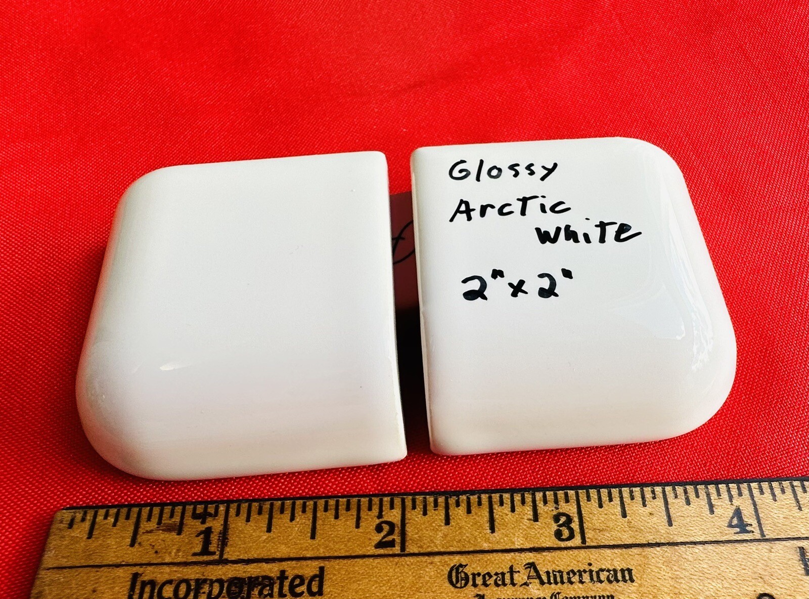 2 pcs. Glossy Arctic White: 2″ X 2″ Ceramic Radius Corner Bullnose Tiles, New