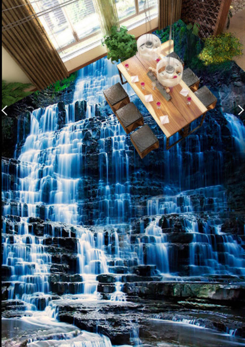 3D Waterfall Blue Rock Floor Mural Photo Flooring Wallpaper Print Home Wall Deca