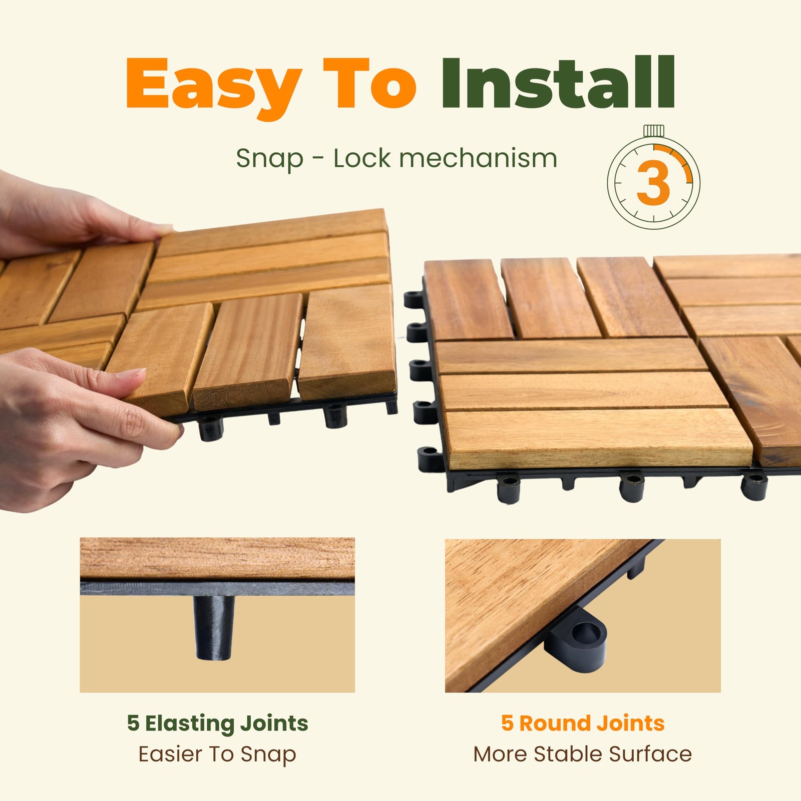 Premium Solid Wood Interlocking Deck Tiles, 10 PCs 12”x12” Snap Together Pati…