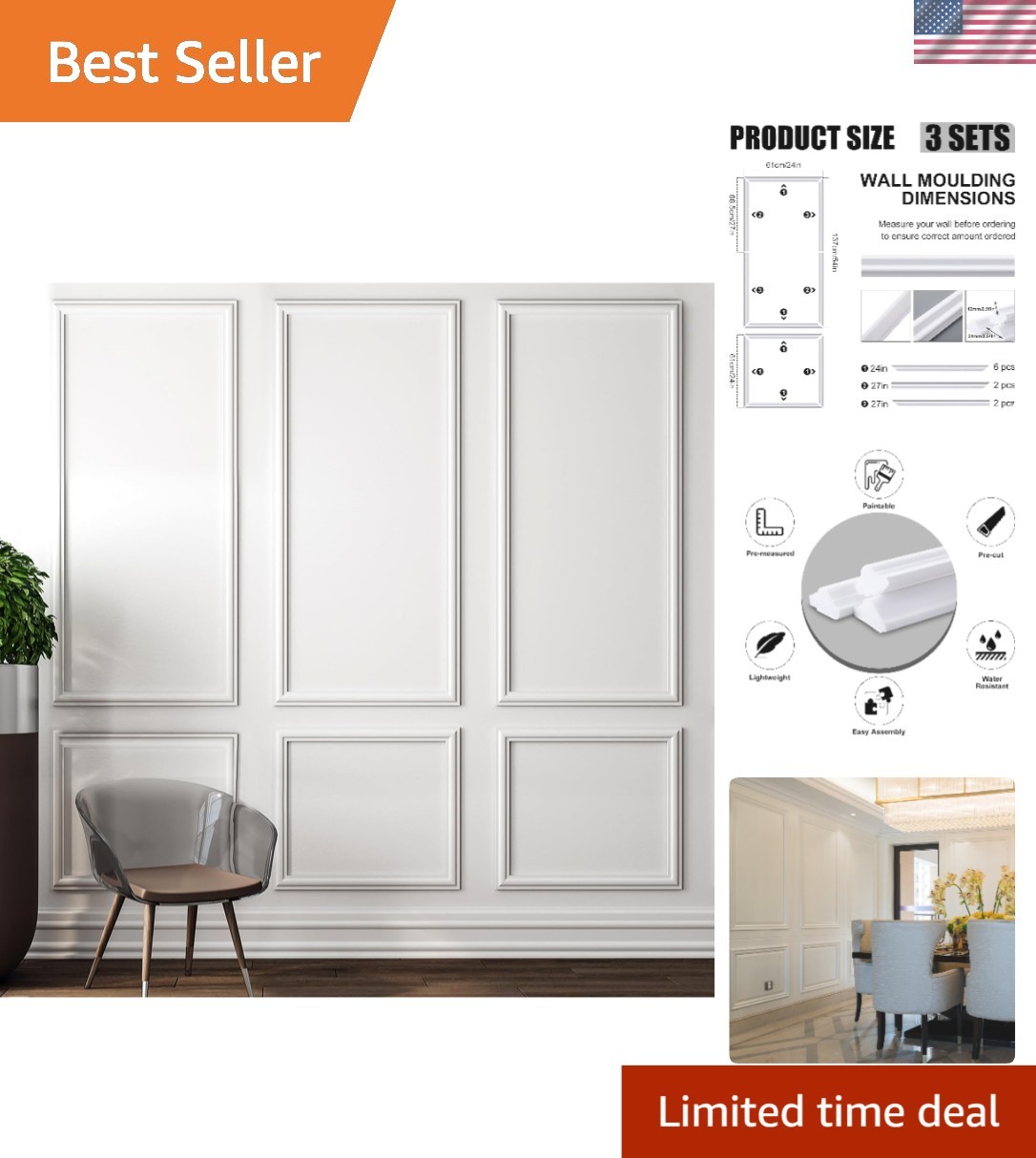 Elegant 3D Peel and Stick Wainscoting Kit – 30 White Accent Molding Pieces