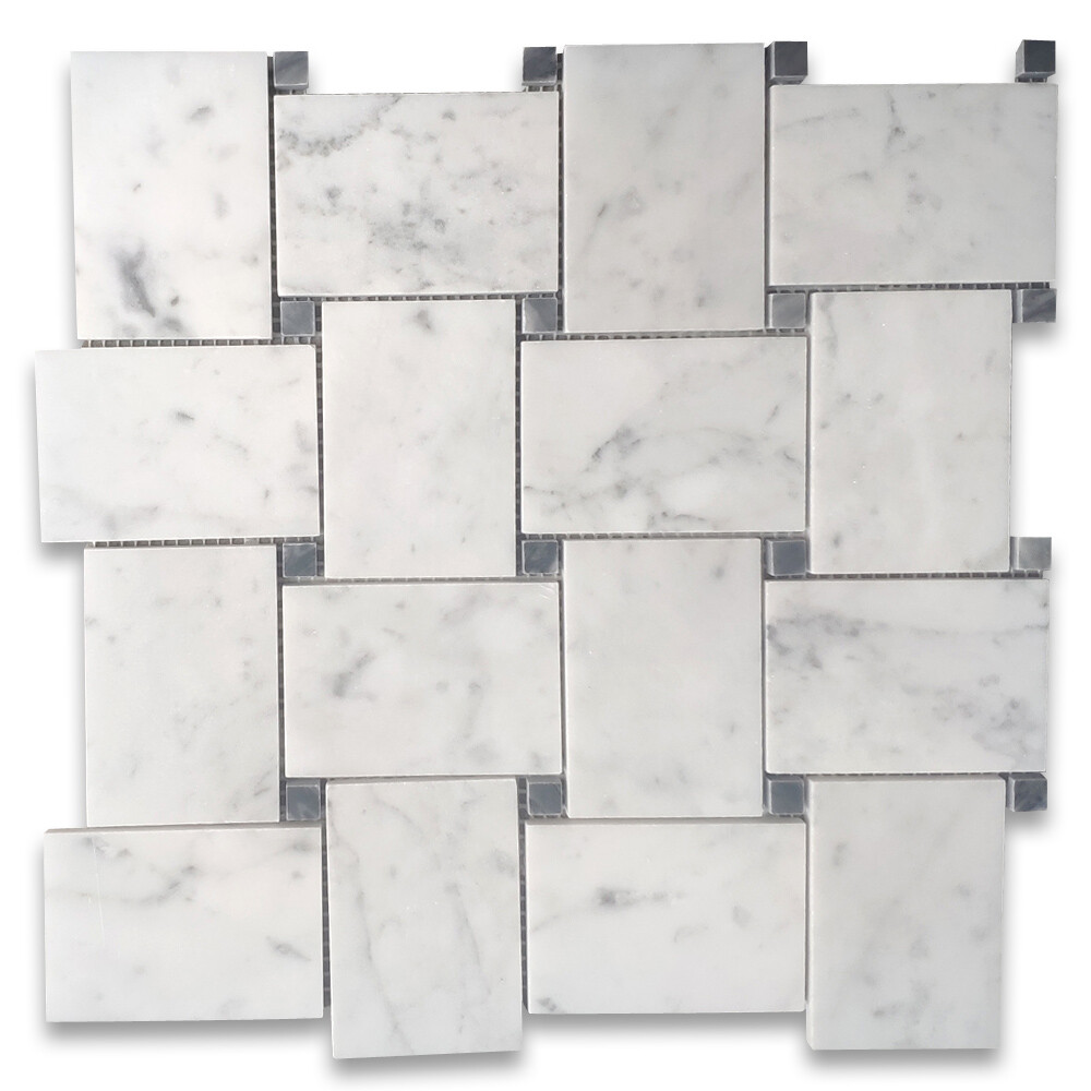 C667XP Carrara White Marble Large Basketweave Tile Bardiglio Gray Dots Polish