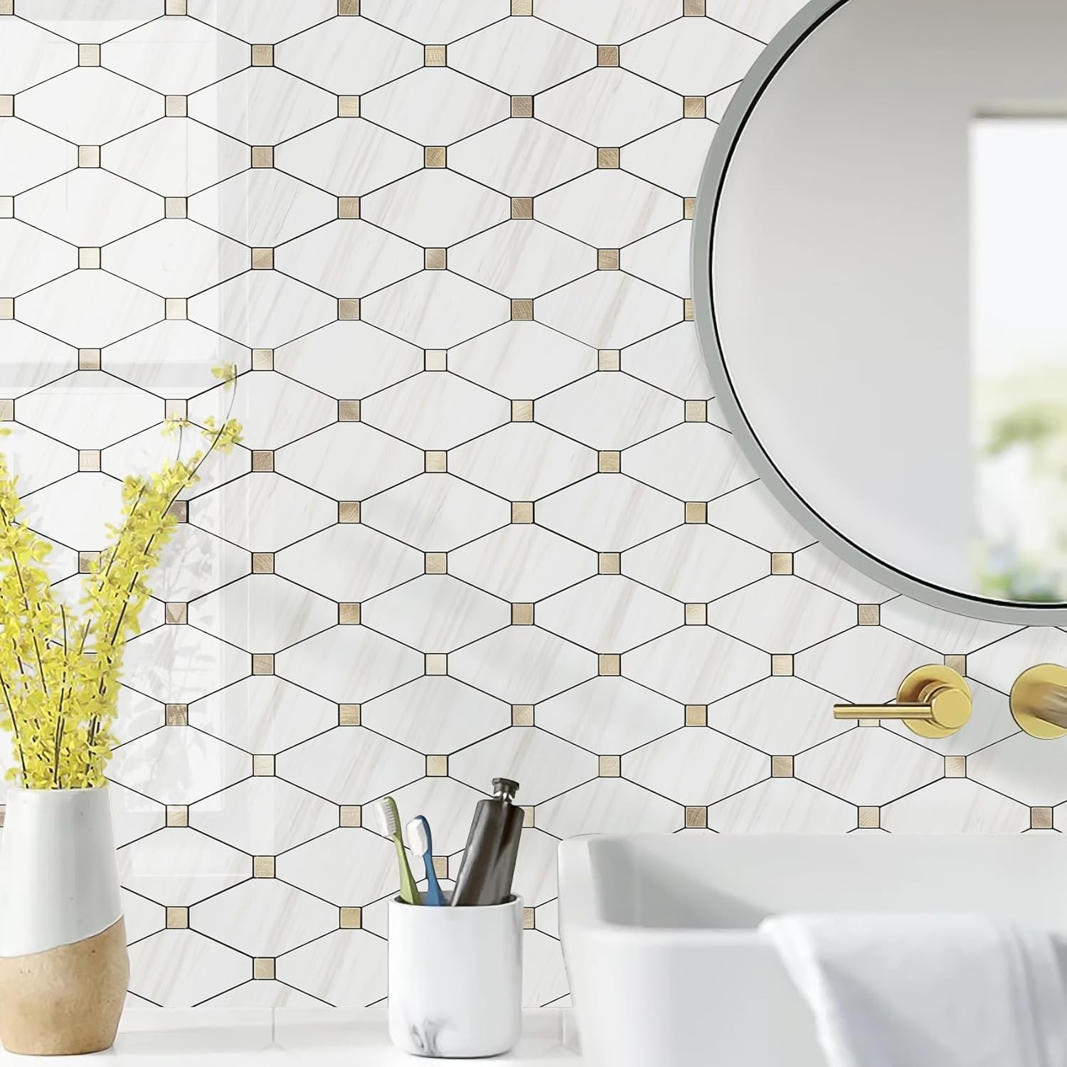 1 Sheet or10 Sheets Peel and Stick Backsplash, Polished Dolomite PVC Mixed Metal
