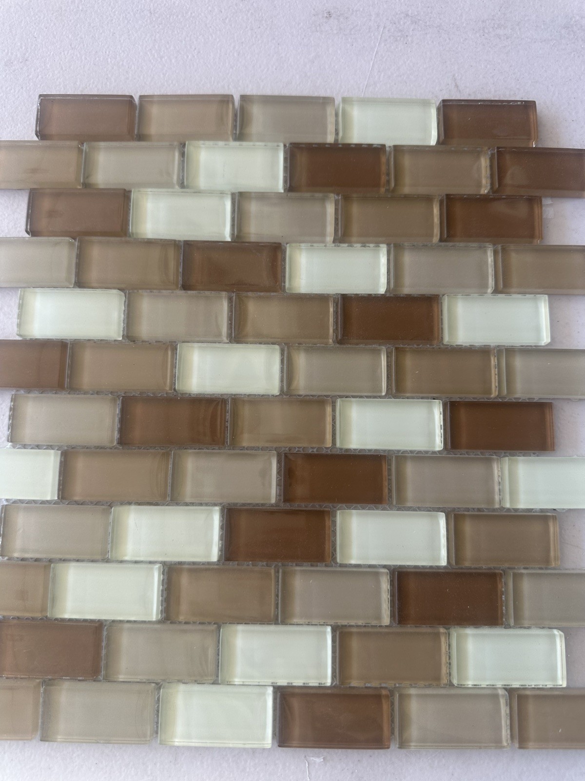Light Beige 1×2 inch Mix Glossy Glass Mosaic Offset Mesh Mounted