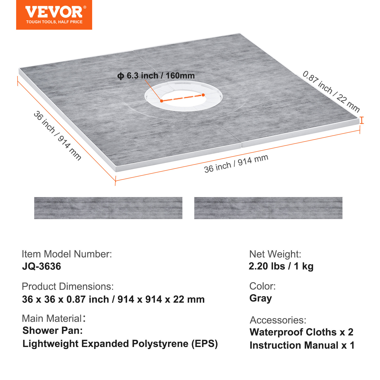 VEVOR Waterproofing Shower Curb Tray Kit 36″x36″ w/ Central Drain Thickened