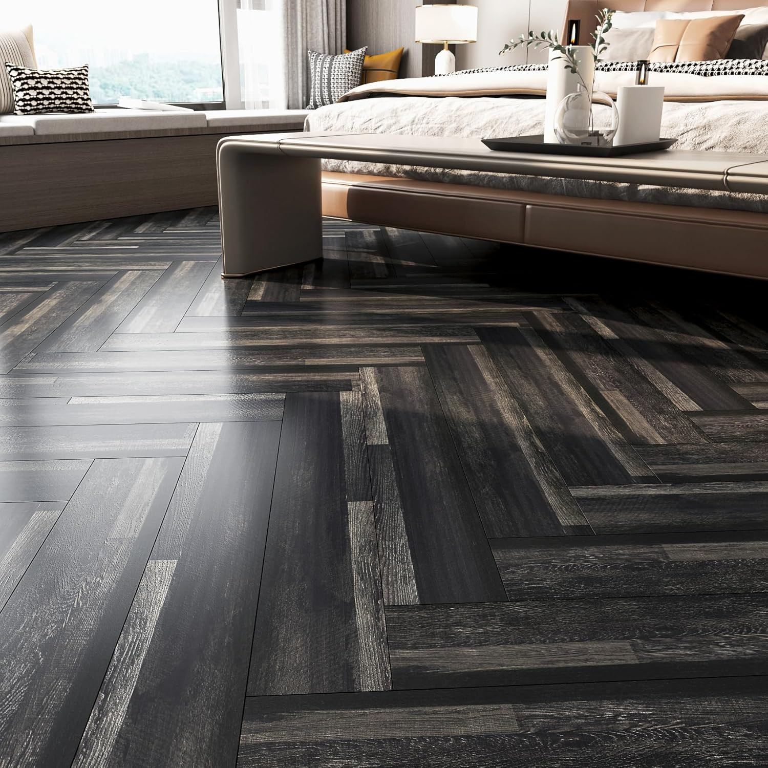 6″X36″ 35 Pcs Black Hard Wood Vinyl Flooring Planks Peel and Stick