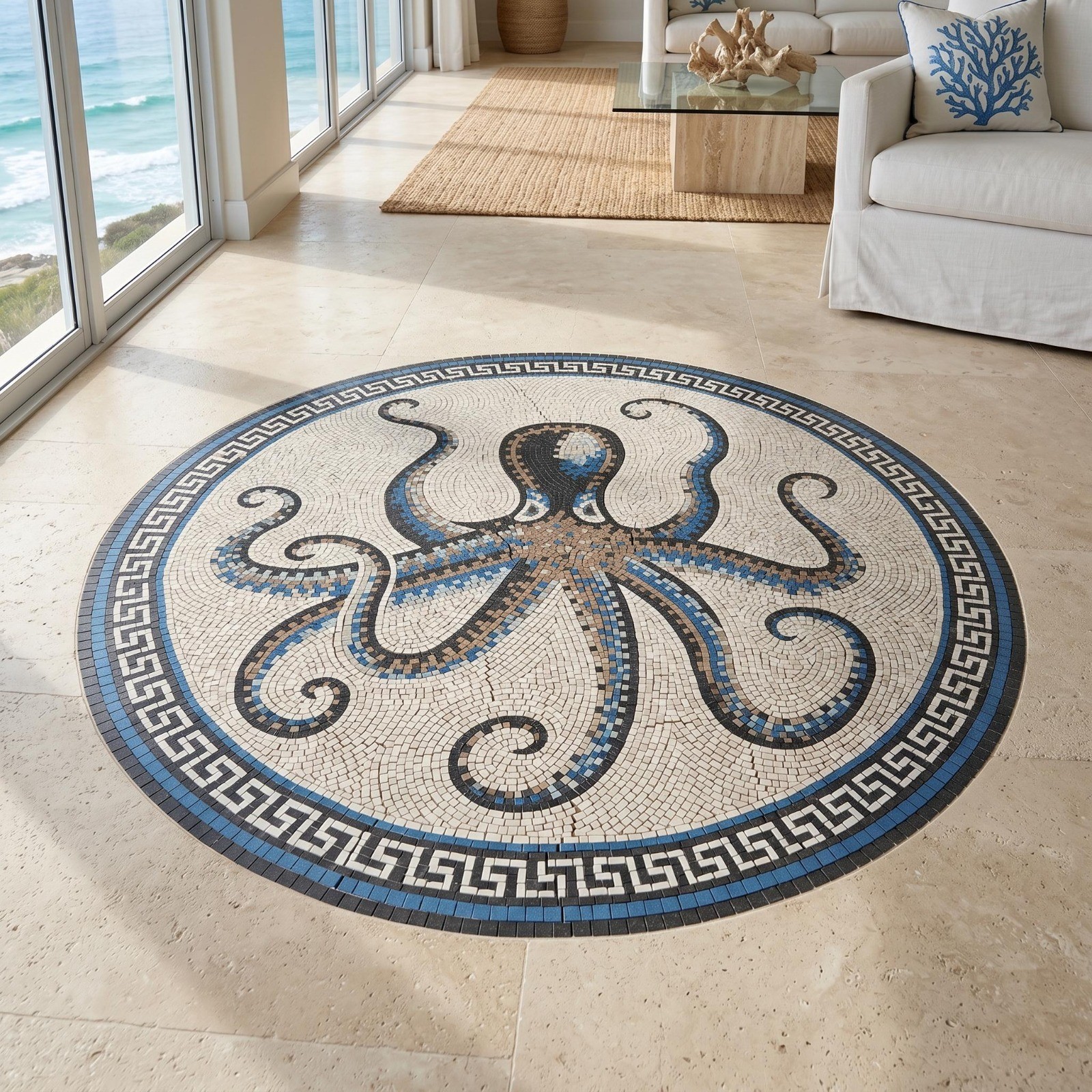 Octopus Marble Mosaic Floor Medallion Handmade Natural Stone Inlay Art