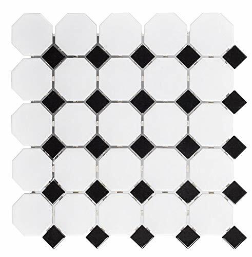 White and Black Mixed Octagon Porcelain Mosaic Floor and Wall Backsplash Tile