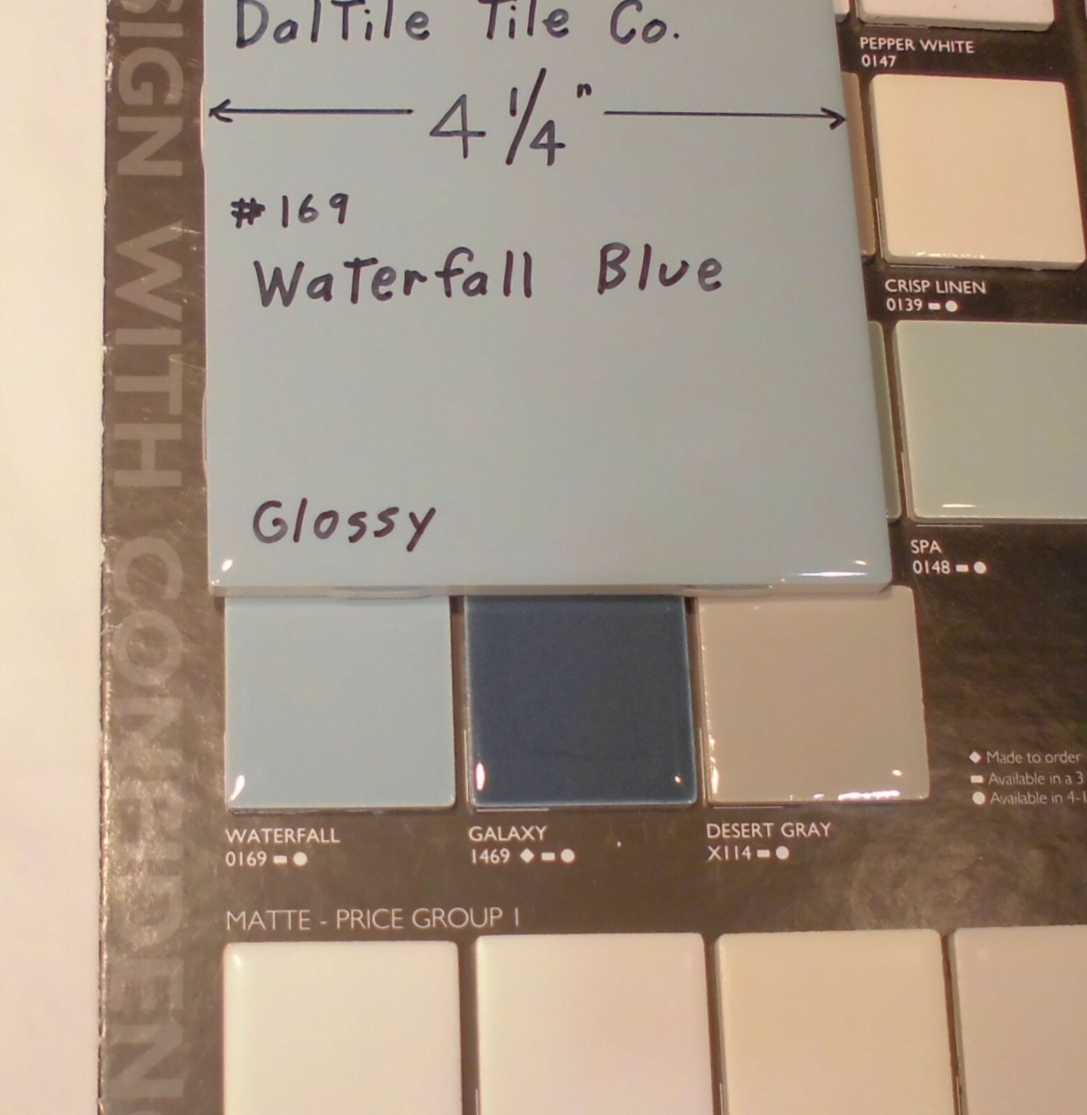 1 pc. Waterfall Blue: Glossy Ceramic Tile by Daltile Co. 4-1/4″ Light Blue, NEW