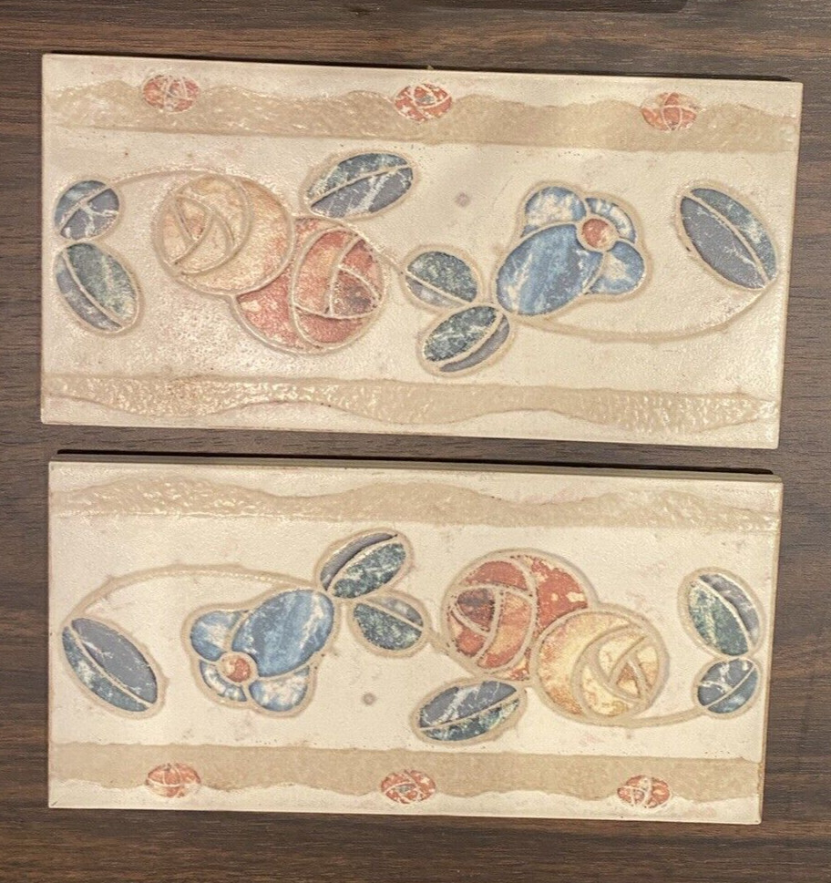Lot of 2 Azu-vi Azuvi Spanish Ceramic Border Tiles Rose Vine 7 7/8″ x 3 15/16″